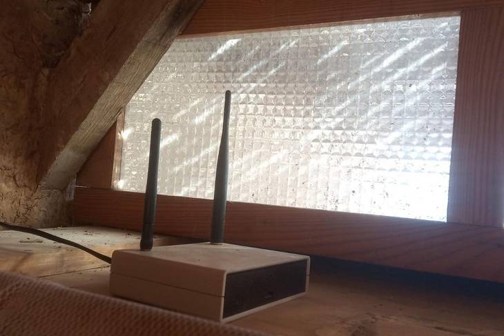 Transceiver station. A high attic next to a dormer window is an ideal placement. It is desirable to have a 220 V network, power from a solar panel is also possible. Data transfer via Wi-Fi or local cellular network. Simultaneously supports up to one hundred external devices